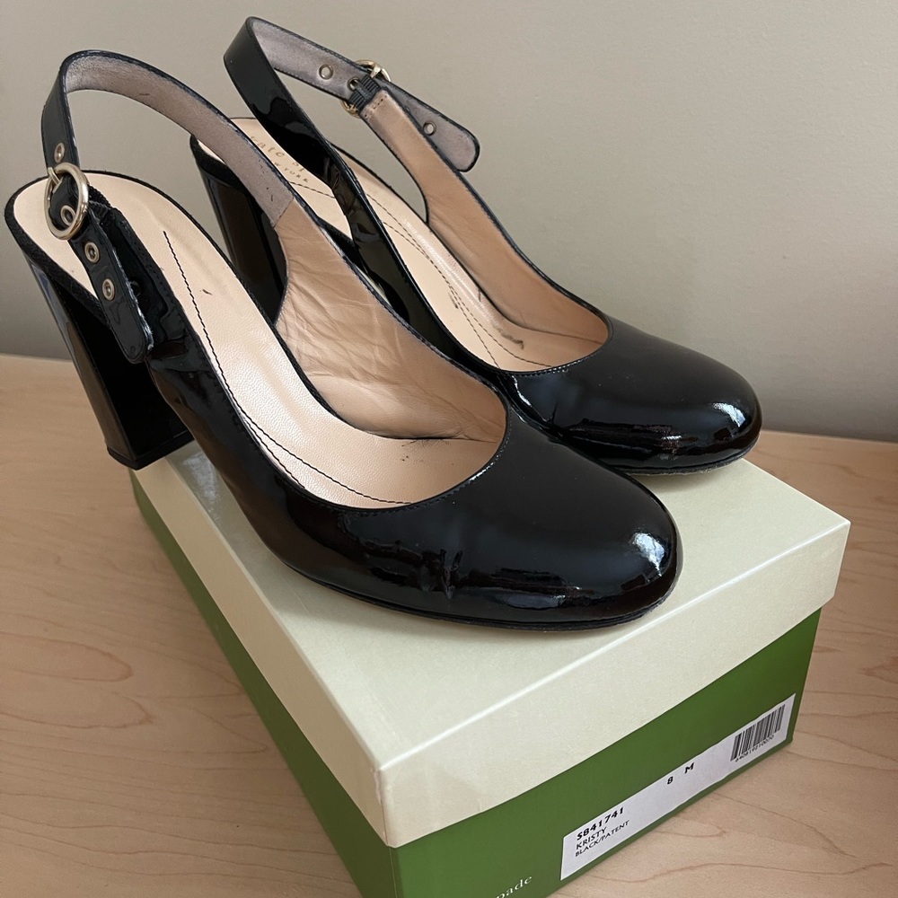 Kate Spade Black Patent Leather Slingback Pumps with gold-tone buckles Size 8